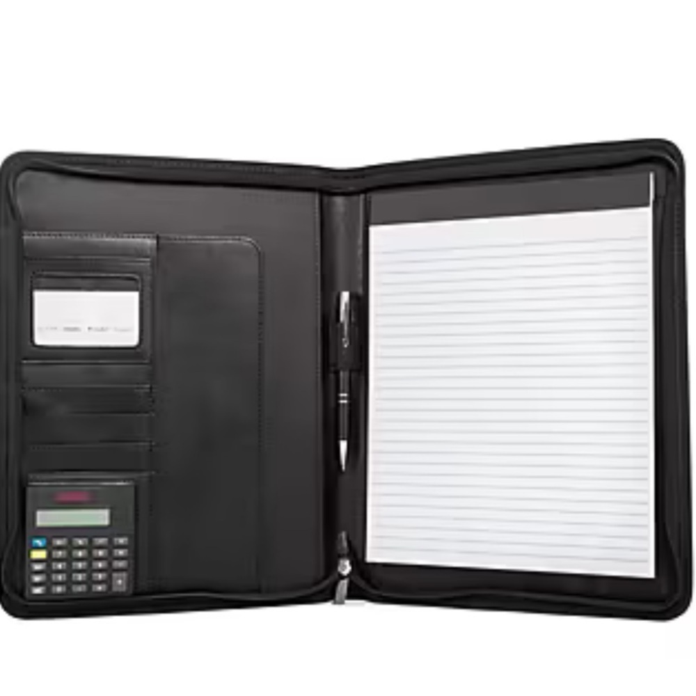 Black vegan leather pad folio with notepad and calculator, new